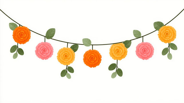 Colorful floral garland with roses and leaves on string