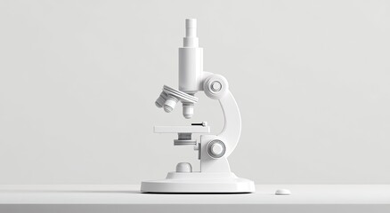 A pristine white microscope stands on a plain white surface.  Detailed parts, including lenses and knobs, are visible.  Simple, clean design