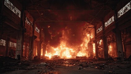 Massive fire engulfs an abandoned factory.  Flames and heat fill the interior