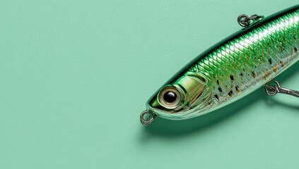 Close-up of a metallic green fishing lure