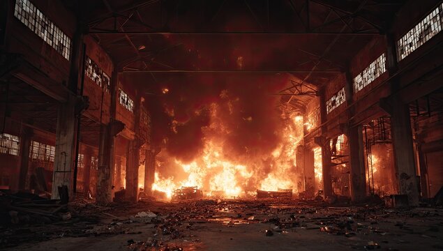 Massive fire engulfs an abandoned factory.  Flames and heat fill the interior - Powered by Adobe
