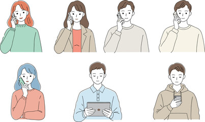 People using smartphones and tablets, communication through mobile devices, talking, texting, and browsing, modern digital lifestyle, cartoon vector illustration on white background