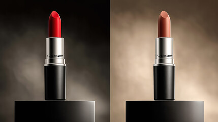 Two sleek black lipsticks in bold red and warm nude tones against dark and golden gradient backgrounds for beauty and makeup branding.

