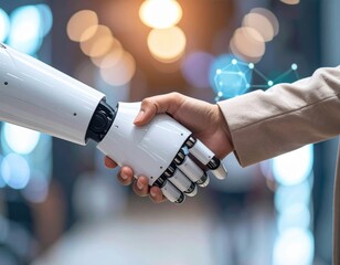 Human and robot handshake symbolizes future collaboration and technological advancement in business