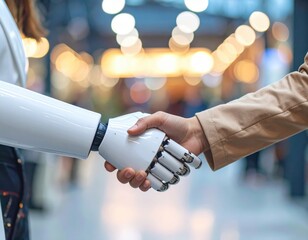 Human and robot shake hands symbolizing future collaboration and technological advancement in business