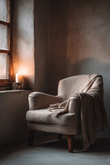 old cozy armchair is positioned beside large window draped with soft warm blanket creating serene atmosphere