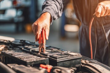 A mechanic connects jumper cables to a car battery