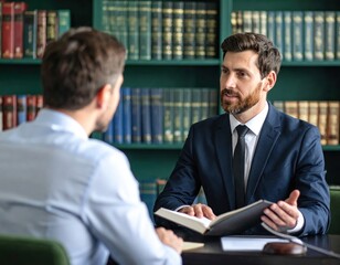 Professional lawyer confidently explaining legal document to client in distinguished office library