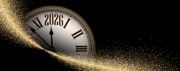Stylish vintage clock nearing midnight with gold glitter trail, welcoming 2026. Vector illustration.