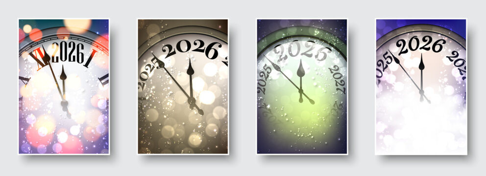 Set of festive clocks marking the final seconds before 2026, each with glowing backgrounds. Vector illustration.