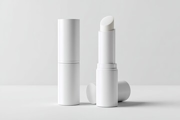 Two blank white cylindrical lip balm tubes, one open, on a light gray surface