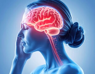 Woman experiencing intense headache with glowing brain highlighting pain and neural pathways