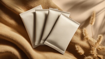 Set of four beige foil sachets on golden fabric with soft folds for premium tea or coffee single-serve packaging design.

