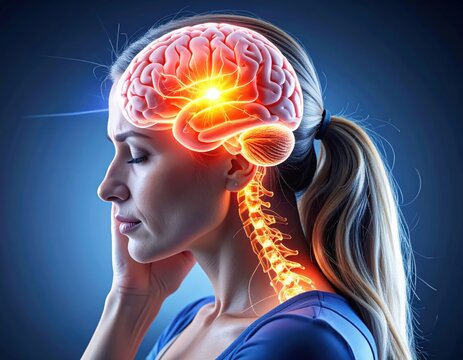 Woman experiencing intense headache with glowing brain and spine, seeking relief and medical insight.
