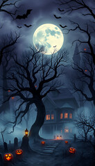 Fototapeta premium Eerie Halloween night scene with haunted house, pumpkins, and full moon