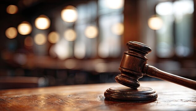 Wooden gavel resting on a table, blurred background