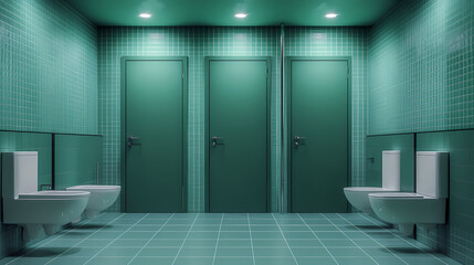 Fototapeta premium Green Public Bathroom Interior with Toilet Cubicles: A Concept of Modern Design and Sanitation