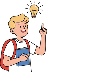 Smart school boy having great idea, holding book, pointing finger up with light bulb icon, student learning moment, education concept, creative thinking illustration