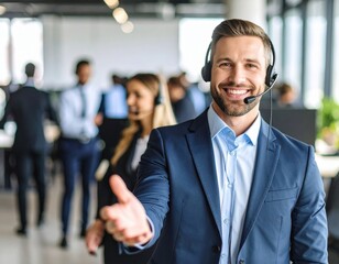 Friendly male customer service agent with headset offers helping hand in modern office environment