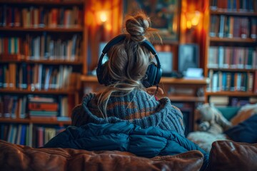 Obraz na płótnie Canvas Young person enjoying music in cozy library with warm lighting and bookshelves