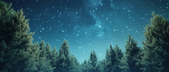 Fototapeta premium Night Scene Shows Forest Trees With Stars at Night Time in Winter.