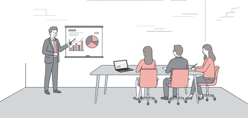 A diverse team of businesspeople gathers around a conference table in an office, collaborating on a project with their laptops