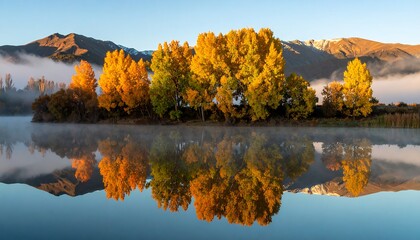 Autumnal lake scene with mirrored trees