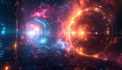 Obraz premium Futuristic tunnel with glowing rings