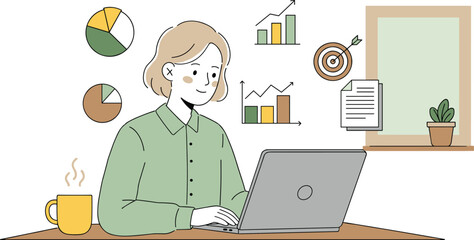 A doctor sits at an office desk, a stethoscope draped around her neck, working on her laptop