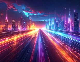 A futuristic cityscape unfolds along a highway illuminated by vibrant neon light trails at dusk.