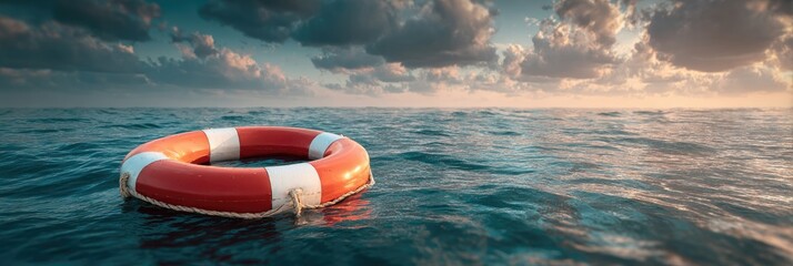 A life preserver floats on a turbulent sea at sunrise, symbolizing rescue and hope
