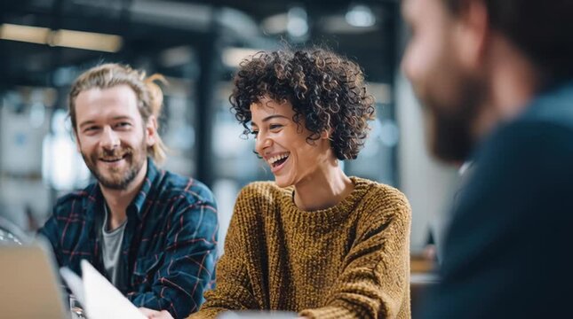Collaborative Teamwork & Smiles: A group of colleagues, exuding camaraderie and contentment, engages in lively discussion and laughter in a dynamic work environment. Capturing collaboration.