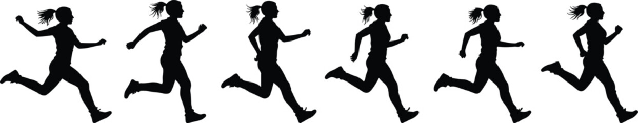 Silhouette sequence of woman running, isolated on white background, athletic motion, fitness concept, jogging, exercise, health, speed, sports.