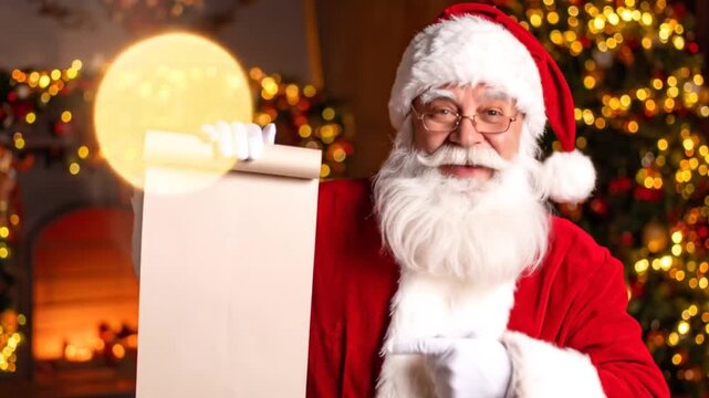 Santa Claus Posing with a Blank List and Festive Christmas Decorations