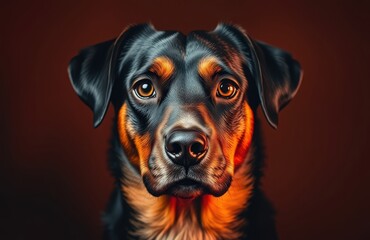 Fototapeta premium A close-up portrait of a dog with expressive eyes and a striking coat against a dark background.