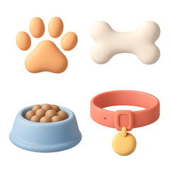 Claymorphism pet care icons set of 4, pastel 3D paw print dog bone food bowl and collar with tag, isolated PNG for animal supplies veterinary clinic and grooming visuals