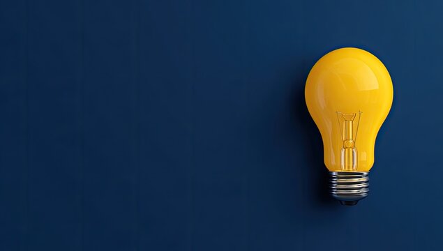 A single, bright yellow light bulb sits against a deep navy blue background