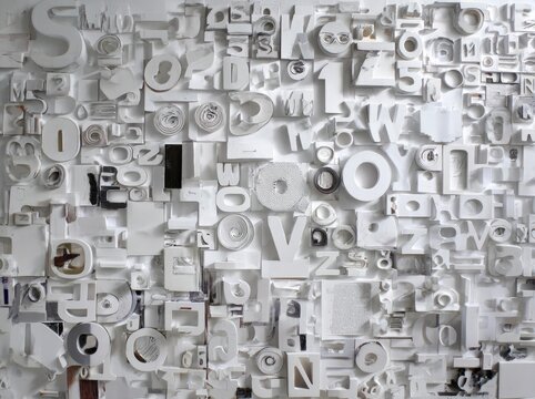 Abstract textural composition.  A dense field of white, 3D-formed letters and numbers.  Various sizes and overlapping shapes create a complex, text-based surface pattern