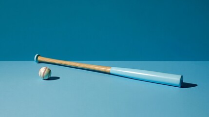 Blue wooden baseball bat and a baseball ball on blue background