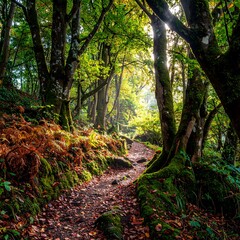 Obraz premium Sunlight streams through autumnal forest path