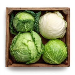Four cabbages in a wooden crate