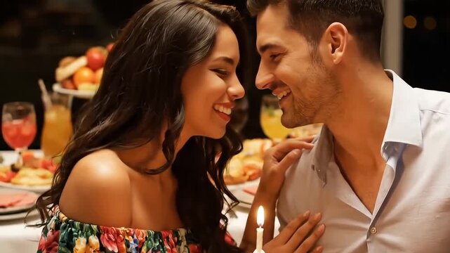 Romantic couple lovingly smiling at each other during an intimate birthday dinner