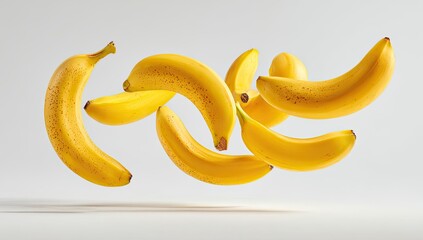 Yellow bananas in mid-air, a group of seven