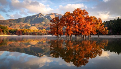 Vibrant autumnal landscape of a serene lake, showcasing a cluster of fiery orange trees reflected perfectly in the still water, framed by a mountainous backdrop of fall foliage.