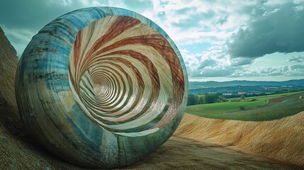 Surreal landscape with vortex tunnel art installation and rolling hills scenic view abstract photography