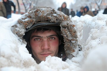 Young man emerging from snow-covered trench during winter in a city, showcasing resilience and survival efforts