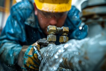 Worker repairs leaking pipe at industrial site during daytime using specialized tools and equipment