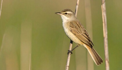 Fototapeta premium Small, light brown bird perched on a reed