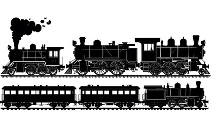Obraz premium Silhouettes of vintage steam locomotives and passenger cars