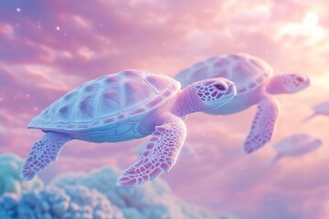 Dreamy pastel sea turtles swimming in the sky wallpaper digital art ocean life background aesthetic art
